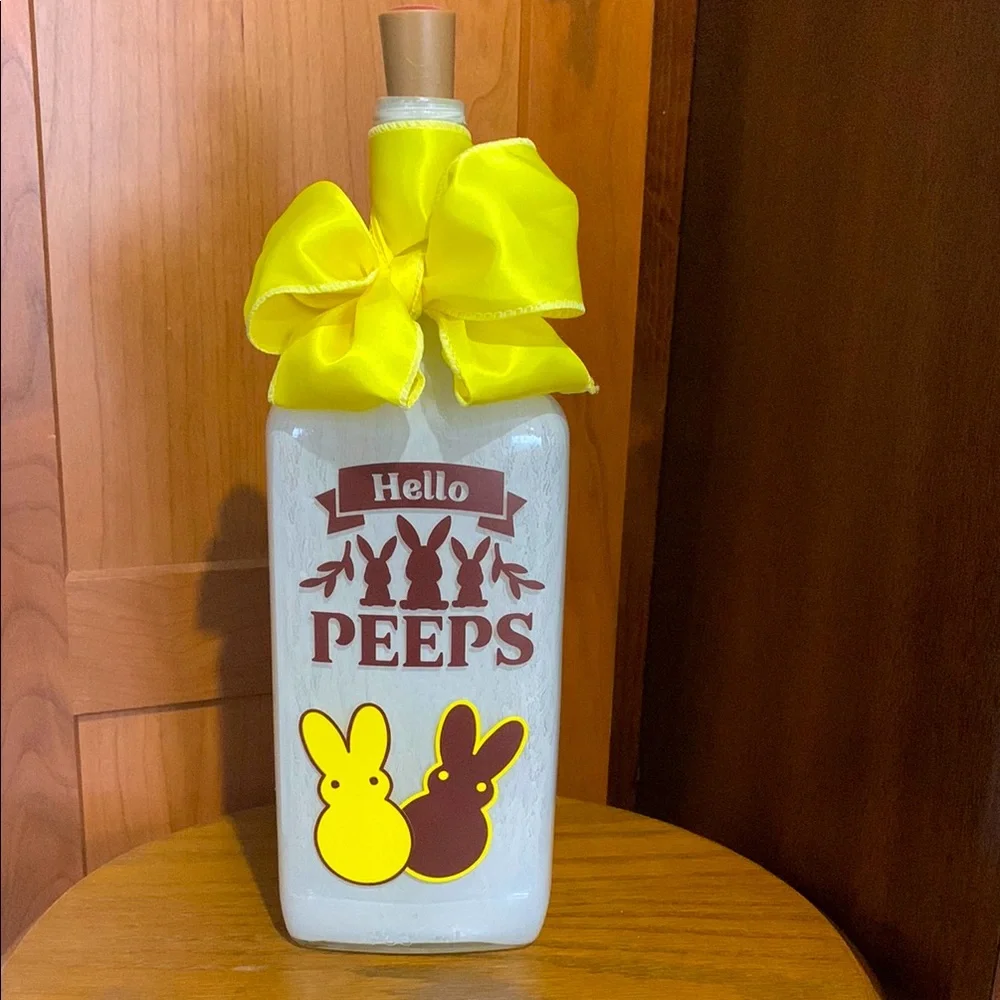 Hand Crafted ’Hello Peeps’ Bottle Lantern with Yellow Bow